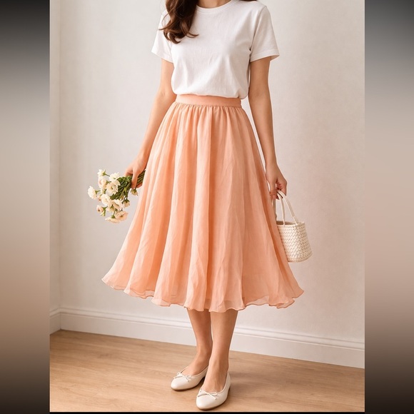 Vintage Dresses & Skirts - Vintage Silk Chiffon Midi Skirt Peach Flowy Romantic Cottagecore Balletcore